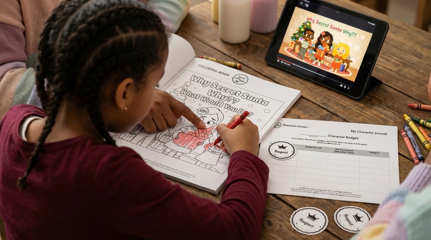 Child coloring a Sweet Sadie Mae page with a parent beside them