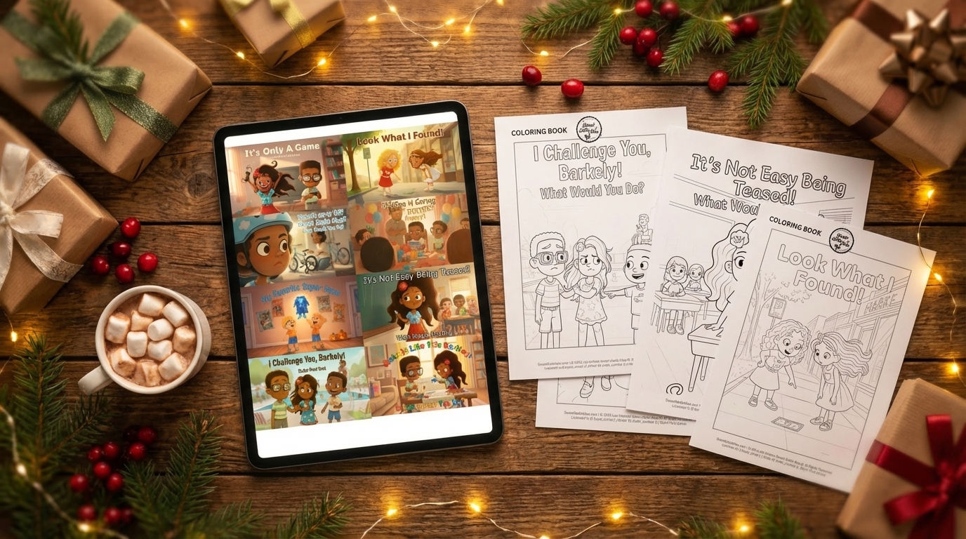 Kit 2 image: Sweet Sadie Mae story on a tablet with coloring pages and parent guide