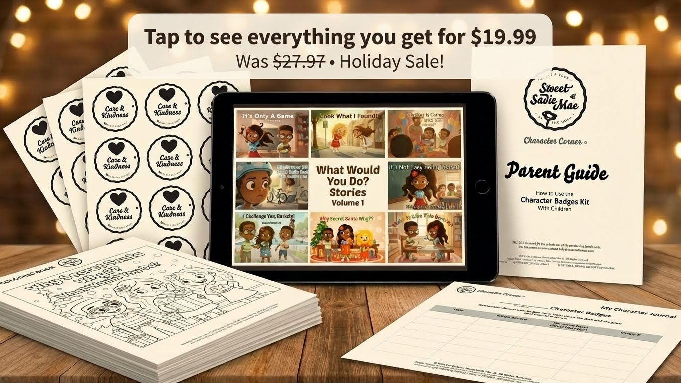 Ultimate Holiday Character Building Kit: stories, coloring pages, badges, and parent guide on a holiday table