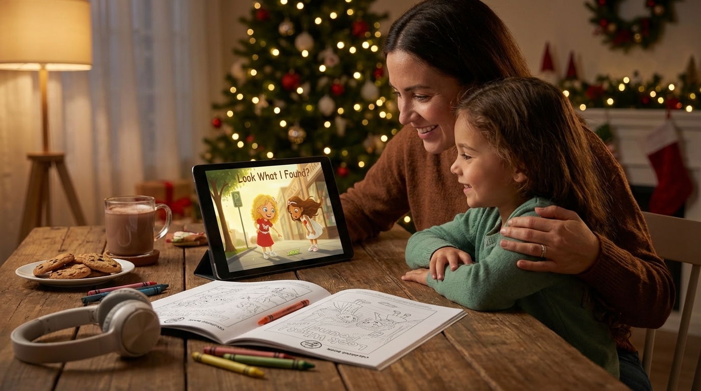 Family gathered around a tablet watching Sweet Sadie Mae